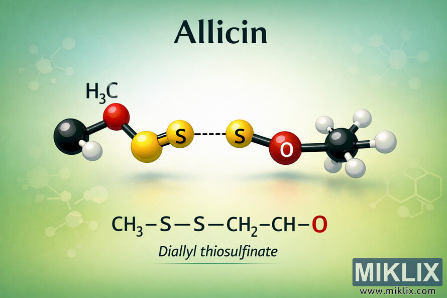 Landscape molecular structure diagram of allicin showing a ball-and-stick model with colored spheres for carbon, hydrogen, oxygen, and sulfur atoms. Landscape molecular structure diagram of allicin showing a ball-and-stick model with colored spheres for carbon, hydrogen, oxygen, and sulfur atoms.