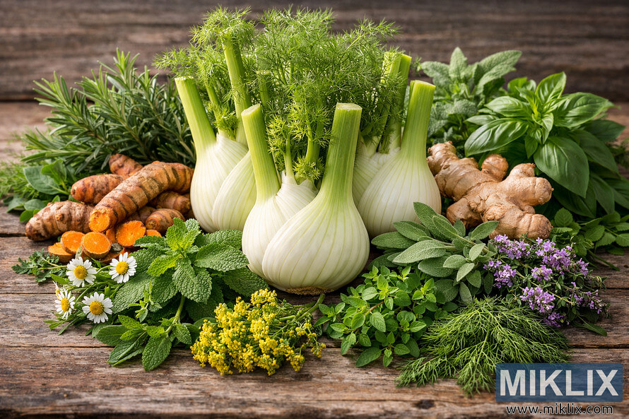 Fresh fennel bulbs with green stalks surrounded by turmeric, ginger, rosemary, chamomile, sage, oregano, basil, and other anti-inflammatory herbs on a rustic wooden surface. Fresh fennel bulbs with green stalks surrounded by turmeric, ginger, rosemary, chamomile, sage, oregano, basil, and other anti-inflammatory herbs on a rustic wooden surface.