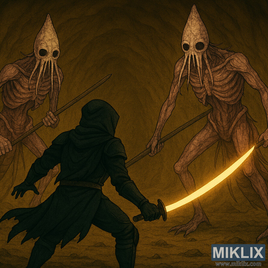 Arte de fan de Elden Ring al estilo anime de los Deslucidos enfrentÃ¡ndose a dos imponentes VÃ¡stagos de la Podredumbre en la Cueva Seethewater