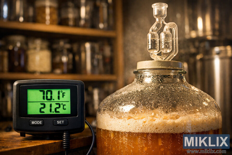 Close-up of a fermentation chamber showing a digital thermometer reading 70.1°F (21.2°C) beside a bubbling glass carboy with airlock in a warm, cozy home brewery setting. Close-up of a fermentation chamber showing a digital thermometer reading 70.1°F (21.2°C) beside a bubbling glass carboy with airlock in a warm, cozy home brewery setting.