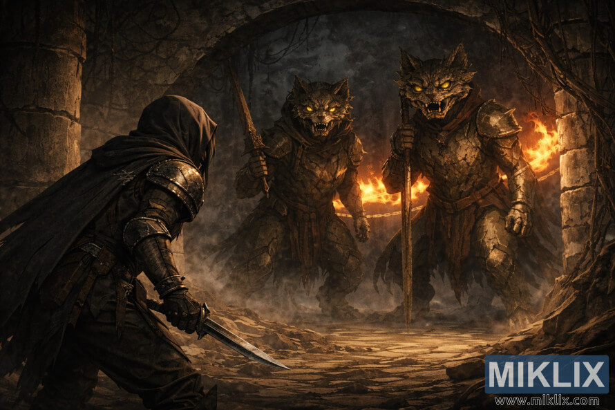 Os Maculados vistos de costas, Ã  esquerda, a enfrentar dois imponentes CÃ£es de Guarda da Sepultura da Ãrvore Ãurea numa catacumba subterrÃ¢nea em chamas.