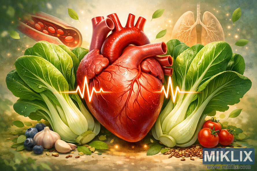 Digital illustration of a large, healthy red heart framed by fresh green bok choy, with a glowing ECG heartbeat line running behind it. Around the heart are blueberries, garlic cloves, cherry tomatoes, and flaxseeds, all symbolizing cardiovascular benefits. Soft glowing orbs, a clear artery cross-section, stylized lungs, and a warm, natural background with greenery and drifting leaves emphasize heart health and nutrition. Digital illustration of a large, healthy red heart framed by fresh green bok choy, with a glowing ECG heartbeat line running behind it. Around the heart are blueberries, garlic cloves, cherry tomatoes, and flaxseeds, all symbolizing cardiovascular benefits. Soft glowing orbs, a clear artery cross-section, stylized lungs, and a warm, natural background with greenery and drifting leaves emphasize heart health and nutrition.