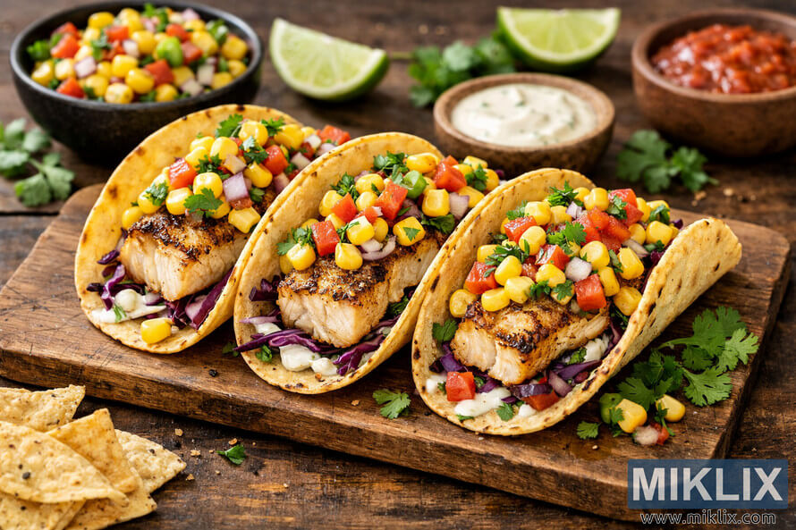 High-resolution close-up of three grilled fish tacos on a rustic wooden board, each made with golden corn tortillas filled with charred white fish, shredded purple cabbage, and topped with vibrant corn salsa. High-resolution close-up of three grilled fish tacos on a rustic wooden board, each made with golden corn tortillas filled with charred white fish, shredded purple cabbage, and topped with vibrant corn salsa.