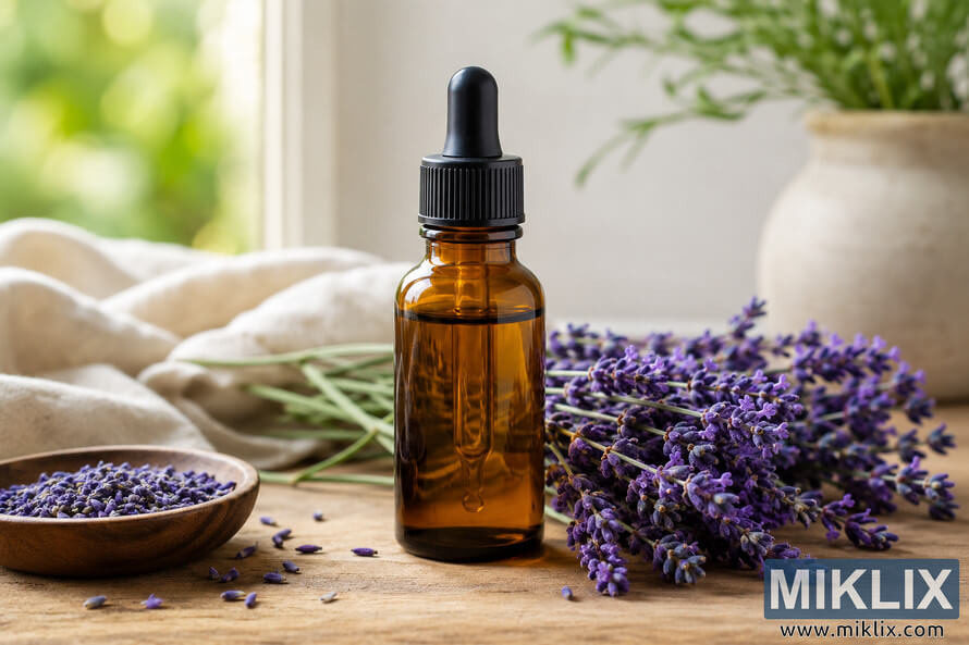 Amber glass dropper bottle of lavender essential oil surrounded by fresh lavender sprigs and dried lavender on a rustic wooden table in soft natural daylight. Amber glass dropper bottle of lavender essential oil surrounded by fresh lavender sprigs and dried lavender on a rustic wooden table in soft natural daylight.