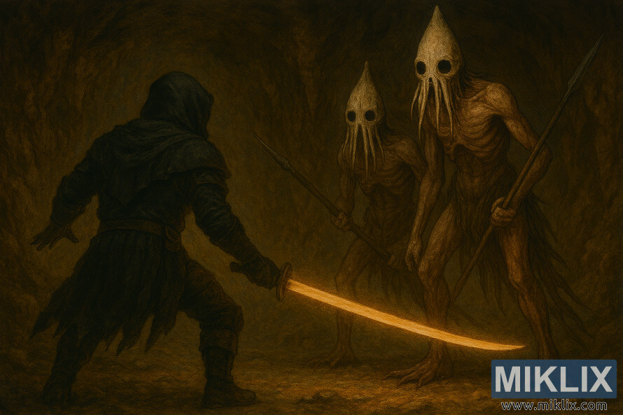 IlustraciÃ³n semirrealista de un fan de Elden Ring que muestra a los Deslucidos enfrentÃ¡ndose a dos VÃ¡stagos de la Podredumbre en la Cueva Seethewater.