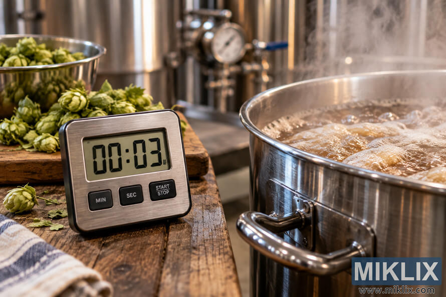 Digital timer showing 00:03 beside fresh green hops and a boiling stainless-steel brewing kettle Digital timer showing 00:03 beside fresh green hops and a boiling stainless-steel brewing kettle