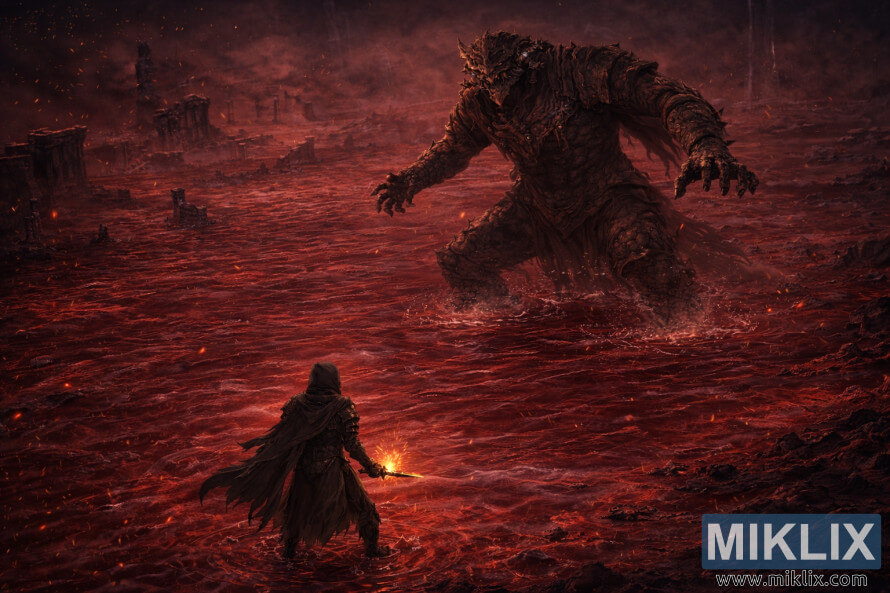 MraÄna fantastiÄna ilustracija Potamnjelih koji se suoÄavaju s masivnim Zmajevim vojnikom preko grimiznih voda Jezera truleži u izometrijskom prikazu. MraÄna fantastiÄna ilustracija Potamnjelih koji se suoÄavaju s masivnim Zmajevim vojnikom preko grimiznih voda Jezera truleži u izometrijskom prikazu.