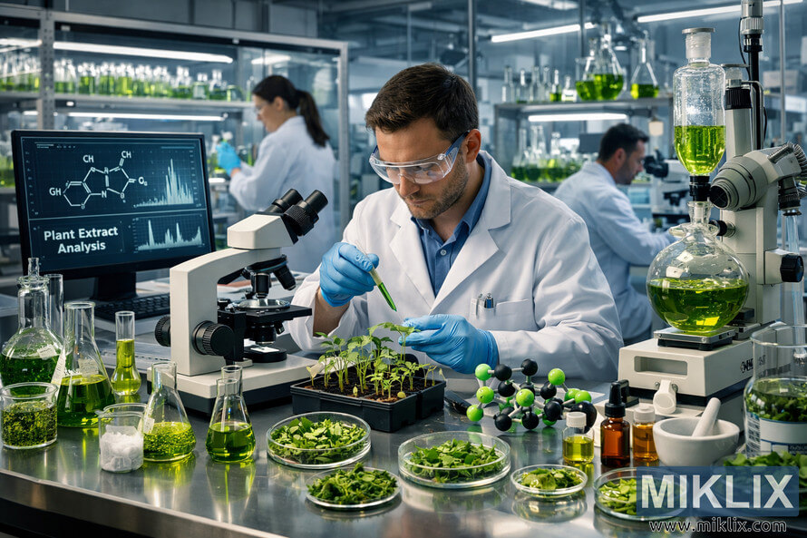 A modern scientific laboratory where researchers in white coats study plant compounds using microscopes, test tubes, and green plant samples on a stainless steel workbench. A modern scientific laboratory where researchers in white coats study plant compounds using microscopes, test tubes, and green plant samples on a stainless steel workbench.