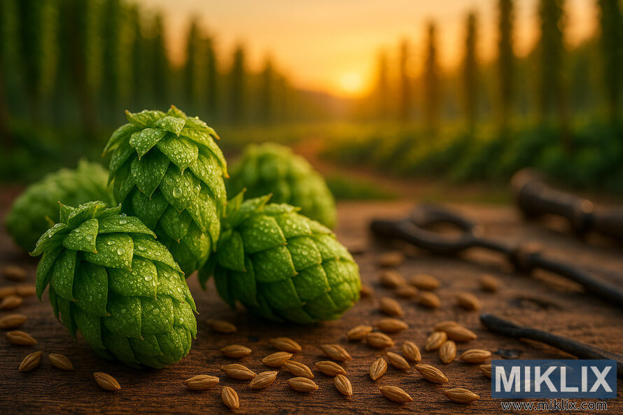 Close-up of dew-covered Calicross hop cones on a wooden table with barley grains and brewing tools, set against a blurred hop field at sunset.