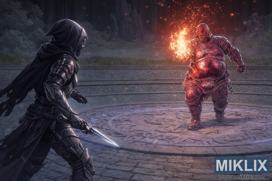 Fan art ao estilo anime mostrando o Maculado com armadura de Faca Negra a enfrentar Adan, LadrÃ£o de Fogo, dentro do Evergaol do Malefactor, pouco antes do inÃ­cio do combate.