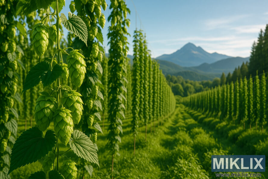 NÃ¦rmynd af humlakeglum Ã­ grÃ³skumiklum humlaakri Ã­ norÃ°vesturhluta Kyrrahafsins meÃ° fjÃ¶llum Ã­ fjarska.