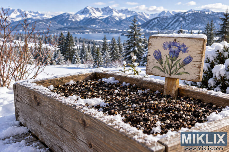 Snow-covered wooden seed container with dark soil and a blue-violet fringed flower sign, overlooking evergreens, a lake, and snowy mountains. Snow-covered wooden seed container with dark soil and a blue-violet fringed flower sign, overlooking evergreens, a lake, and snowy mountains.