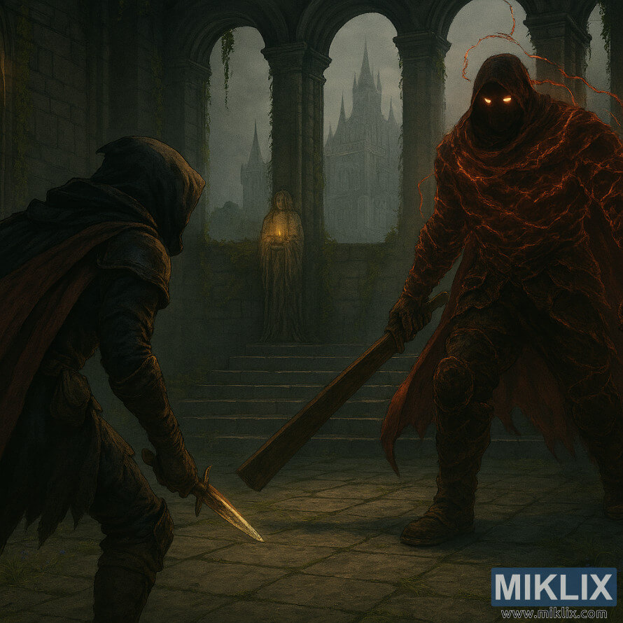 SemirealistickÃ½ fanÃºÅ¡ikovskÃ½ obrÃ¡zok Elden Ring zobrazujÃºci PoÅ¡kvrnenÃ©ho v Äiernom noÅ¾i, ako sa v Kostole sÄ¾ubov stretÃ¡va s Lovcom so Zvonom.