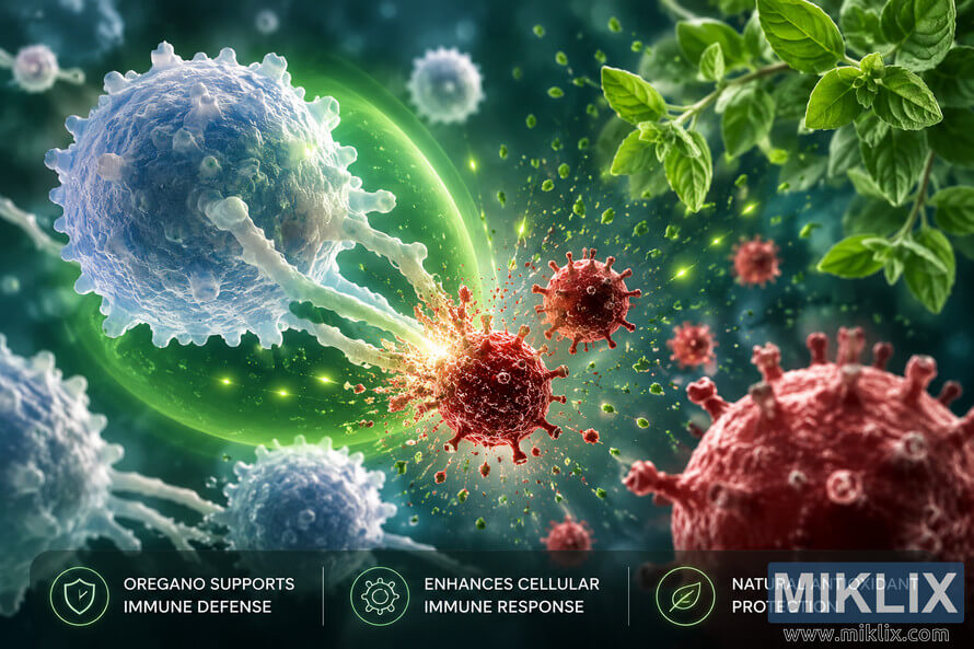 High-resolution scientific illustration showing glowing white immune cells attacking red viral pathogens in a microscopic environment, surrounded by fresh oregano leaves symbolizing natural immune support and antioxidant protection. High-resolution scientific illustration showing glowing white immune cells attacking red viral pathogens in a microscopic environment, surrounded by fresh oregano leaves symbolizing natural immune support and antioxidant protection.