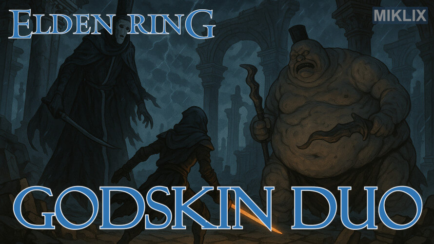 Fanart of an Elden Ring player in Black Knife armor facing the Godskin Duo—Godskin Apostle and Godskin Noble—in a ruined temple setting.
