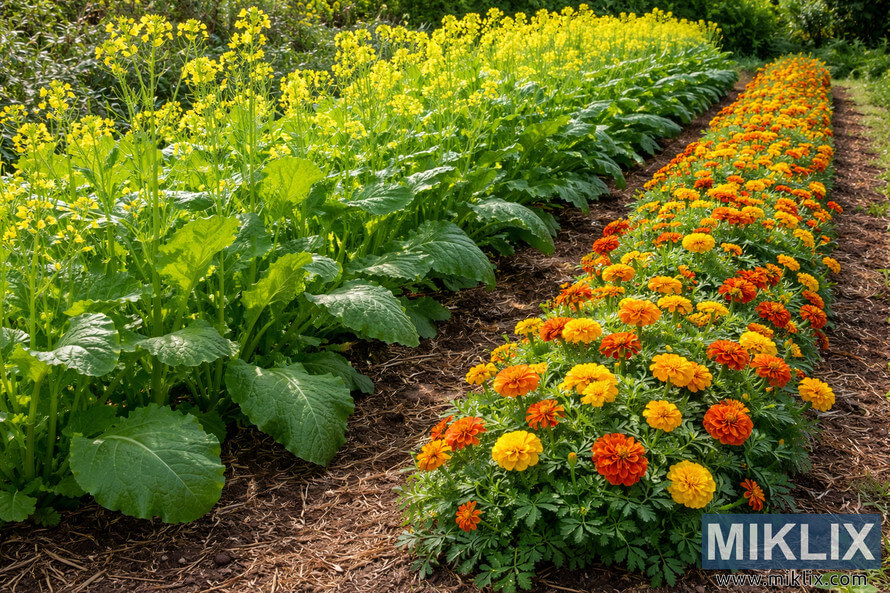 Landscape photo of bright orange and yellow marigolds planted beside a lush green mustard row with yellow blossoms in a cultivated garden.