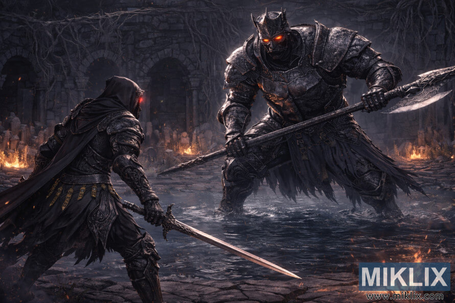 ScenÄ fantasticÄ Ã®n stil anime cu un spadasin cu glugÄ Èi armurÄ de umbrÄ care se confruntÄ cu un cavaler gigantic în armurÄ, mânuitor de halebardÄ, într-o arenÄ inundatÄ Èi în ruine, înainte de luptÄ. ScenÄ fantasticÄ Ã®n stil anime cu un spadasin cu glugÄ Èi armurÄ de umbrÄ care se confruntÄ cu un cavaler gigantic în armurÄ, mânuitor de halebardÄ, într-o arenÄ inundatÄ Èi în ruine, înainte de luptÄ.