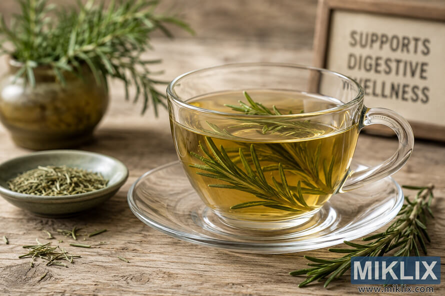 A clear glass cup of golden rosemary tea sits on a matching glass saucer atop a rustic wooden table. Fresh rosemary sprigs float in the tea while additional fresh and dried rosemary are arranged nearby. A softly blurred potted rosemary plant and a decorative sign reading "Supports Digestive Wellness" appear in the warm, natural background, creating a calm herbal wellness scene. A clear glass cup of golden rosemary tea sits on a matching glass saucer atop a rustic wooden table. Fresh rosemary sprigs float in the tea while additional fresh and dried rosemary are arranged nearby. A softly blurred potted rosemary plant and a decorative sign reading "Supports Digestive Wellness" appear in the warm, natural background, creating a calm herbal wellness scene.
