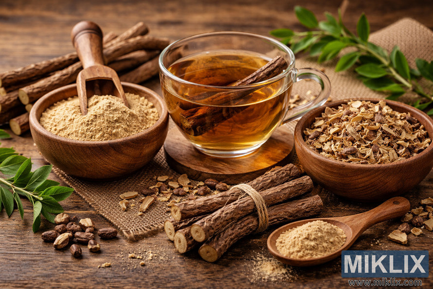 Assorted licorice root preparations including tea, powdered root, and dried root pieces arranged on a rustic wooden table. Assorted licorice root preparations including tea, powdered root, and dried root pieces arranged on a rustic wooden table.