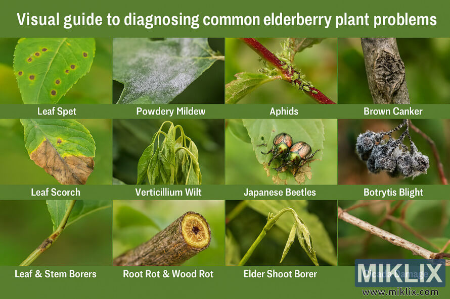 Infographic nÃ©mbongkeun dua belas masalah tutuwuhan elderberry umum kalawan dilabÃ©lan poto nutup-up
