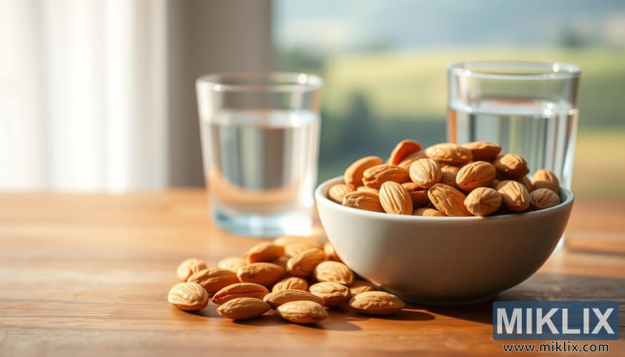 Cuenco de almendras doradas sobre una mesa de madera con un vaso de agua bajo una suave luz natural.