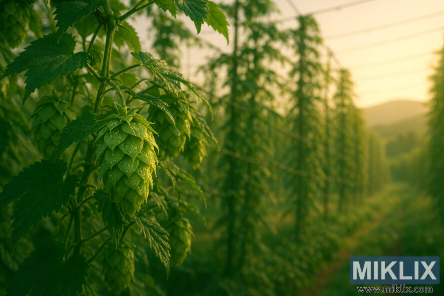 Close-up of dew-covered Calicross hop cones hanging from lush green bines in a sunlit hop field.