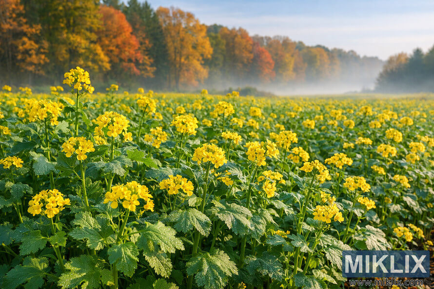 Panoramic landscape photograph of vibrant yellow mustard plants flourishing in a dense green field under soft autumn daylight.