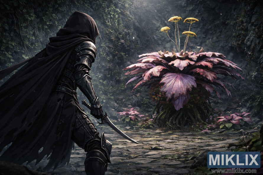 Sanaa ya mashabiki ya mtindo wa anime inayoonyesha silaha za kisu cheusi zilizovaliwa rangi nyeusi kutoka nyuma, zimesimama upande wa kushoto na kumkabili bosi wa Miranda Blossom ndani ya Pango la Tombsward muda mfupi kabla ya mapigano kuanza.