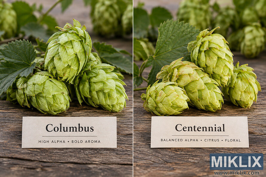 Side-by-side photograph of green Columbus and Centennial hop cones on a rustic wooden table, with Columbus labeled high alpha and bold aroma and Centennial labeled balanced alpha, citrus, and floral. Side-by-side photograph of green Columbus and Centennial hop cones on a rustic wooden table, with Columbus labeled high alpha and bold aroma and Centennial labeled balanced alpha, citrus, and floral.
