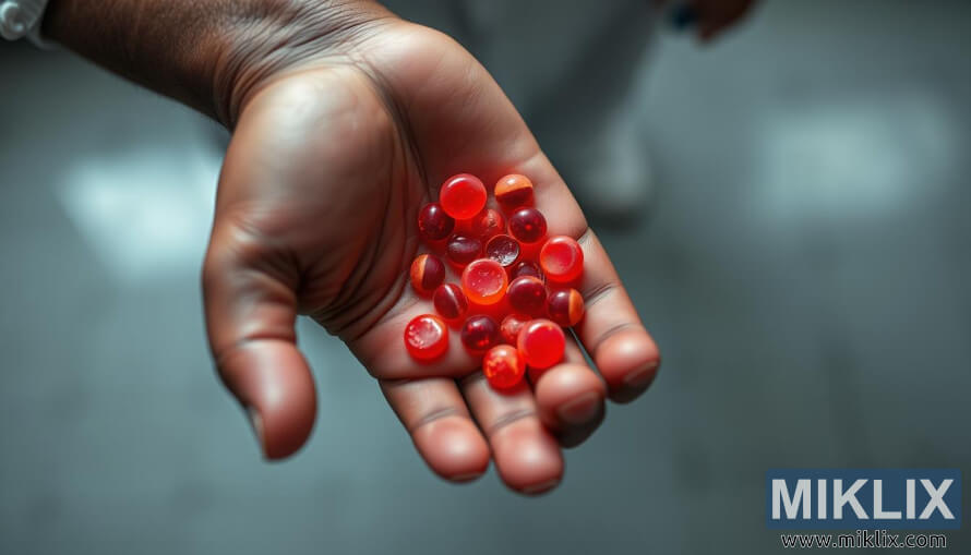 Corte transversal de una mano humana que muestra vasos sanguÃ­neos y glÃ³bulos rojos en forma de hoz.