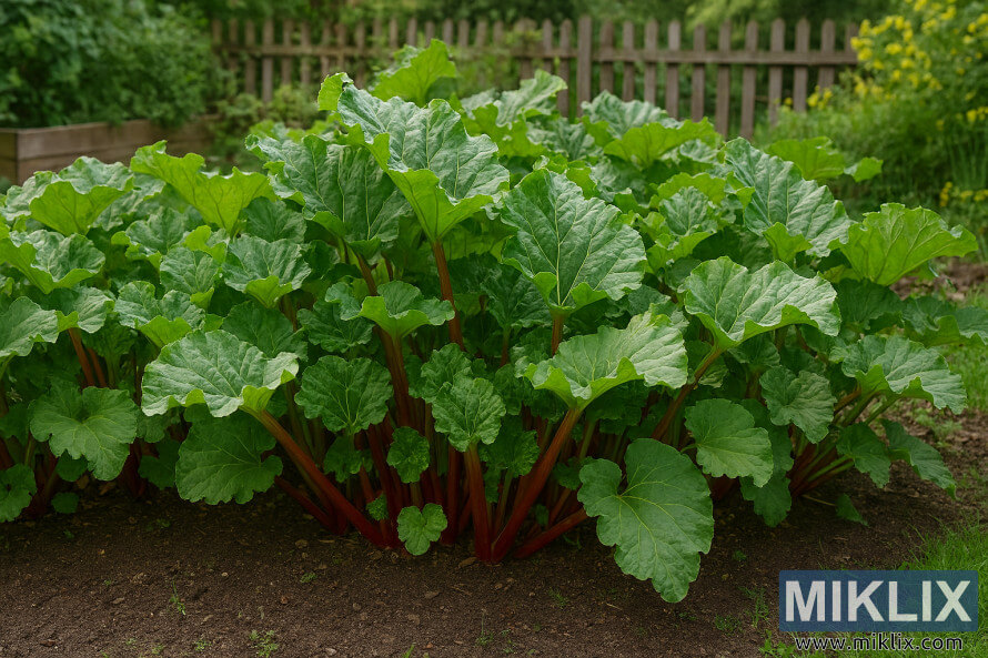 Lush rhubarb plants with large green leaves and red stalks in a backyard garden