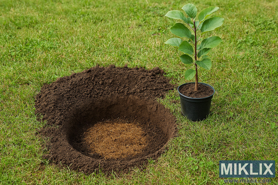 Circular planting hole with rich soil and quince sapling in black container on grassy lawn