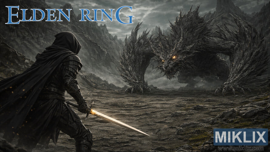 Gambar buatan penggemar yang menampilkan pemain berarmor Black Knife dari Elden Ring sedang menghadapi Jagged Peak Drake di tengah badai pegunungan. Gambar buatan penggemar yang menampilkan pemain berarmor Black Knife dari Elden Ring sedang menghadapi Jagged Peak Drake di tengah badai pegunungan.