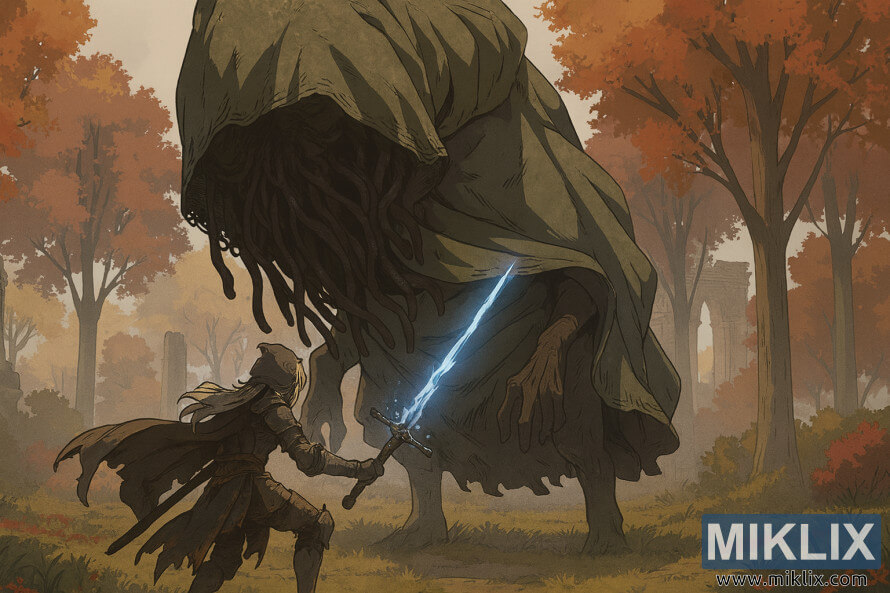 Escena d'estil anime d'una armadura Tarnished amb Black Knife enfrontant-se a un imponent Cara de Cuc en un bosc ennuvolat de tardor.