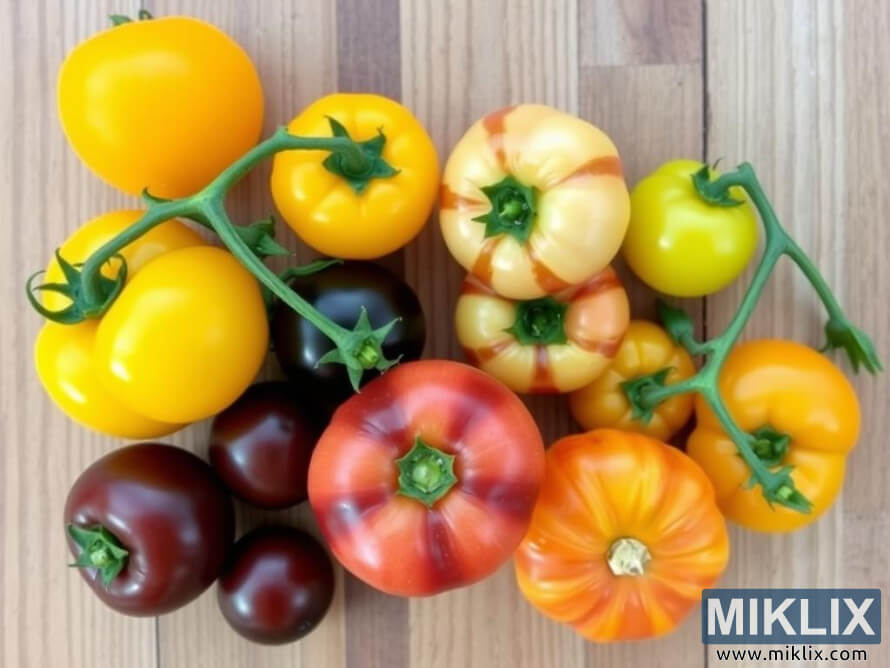 Assortiment de tomates anciennes colorÃ©es sur une surface en bois avec des vignes vertes.