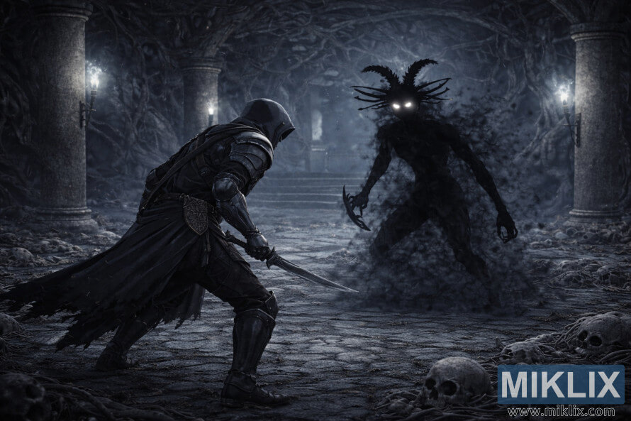 Qara Bıçaq GeymiÅ Qaranlıq zirehlilÉrin soyuq, boz-mavi Kaelid Katakombalarında kölgÉli QÉbiristanlıq KölgÉsinÉ baxdıÄını göstÉrÉn qaranlıq fantaziya sÉhnÉsi. Qara Bıçaq GeymiÅ Qaranlıq zirehlilÉrin soyuq, boz-mavi Kaelid Katakombalarında kölgÉli QÉbiristanlıq KölgÉsinÉ baxdıÄını göstÉrÉn qaranlıq fantaziya sÉhnÉsi.