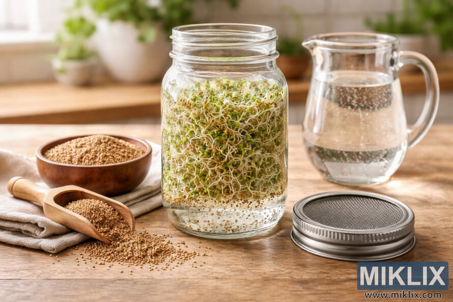 Un bocal Mason rempli de germes de luzerne, un couvercle en maille, un pichet d'eau et des graines de luzerne sont posÃ©s sur un comptoir de cuisine en bois.