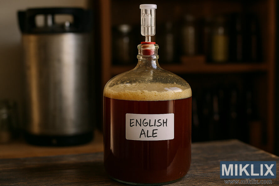 Karbohidrat qelqi duke fermentuar birrÃ« angleze nÃ« njÃ« tavolinÃ« druri nÃ« njÃ« ambient prodhimi birre nÃ« shtÃ«pi