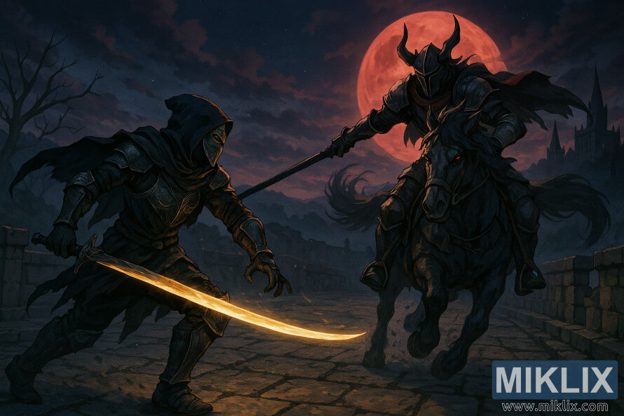 Cena em estilo anime dos Maculados lutando contra a Cavalaria da Noite em uma ponte de pedra em Elden Ring. Cena em estilo anime dos Maculados lutando contra a Cavalaria da Noite em uma ponte de pedra em Elden Ring.