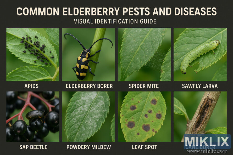 Pitunjuk fotografik anu dilabÃ©lan nunjukkeun hama sareng panyakit elderberry umum, kalebet kutu daun, penggerek elderberry, mites lancah, larva sawfly, kumbang geutah, kapang bubuk, bintik daun, sareng penggerek tebu dina pepelakan elderberry.