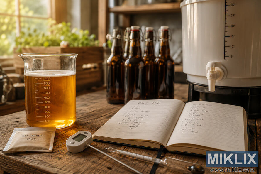A rustic wooden table in a cozy home brewing workshop displays fermentation equipment including a glass beaker filled with golden liquid, a yeast packet, digital thermometer, hydrometer, handwritten brewing recipe book, sterilized bottles, and a large fermentation vessel illuminated by warm window light. A rustic wooden table in a cozy home brewing workshop displays fermentation equipment including a glass beaker filled with golden liquid, a yeast packet, digital thermometer, hydrometer, handwritten brewing recipe book, sterilized bottles, and a large fermentation vessel illuminated by warm window light.
