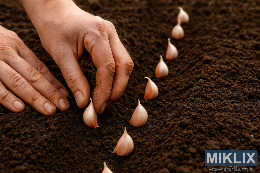Plan rapprochÃ© de mains plantant des gousses dâail individuelles dans un sol prÃ©parÃ©.