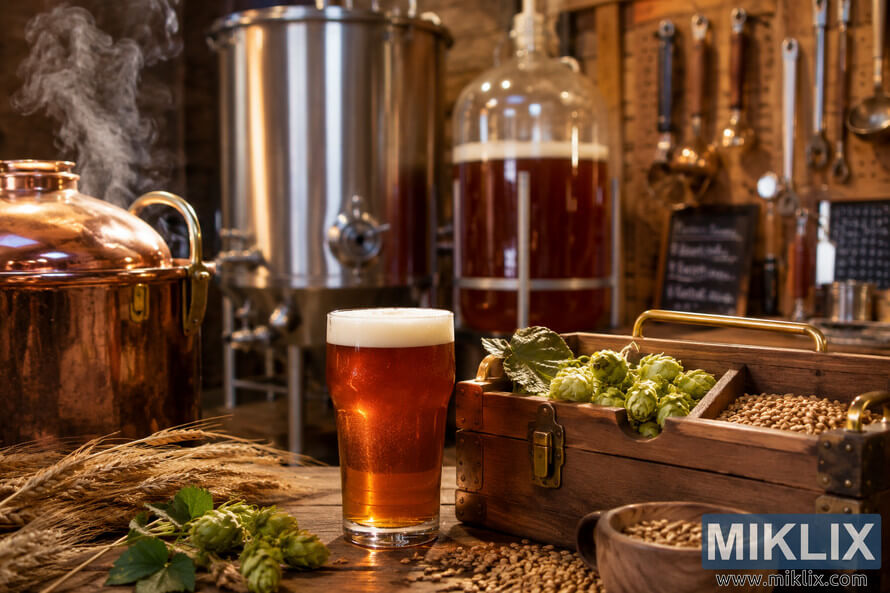Close-up of a rustic homebrewerâs workspace with a freshly poured amber ale, wooden brewing kit filled with hops and malt grains, steaming copper kettle, and fermentation equipment illuminated by warm atmospheric lighting. Close-up of a rustic homebrewerâs workspace with a freshly poured amber ale, wooden brewing kit filled with hops and malt grains, steaming copper kettle, and fermentation equipment illuminated by warm atmospheric lighting.
