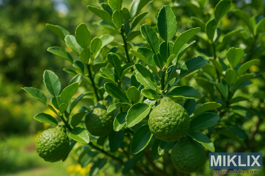 Healthy Kaffir lime tree with ripening fruit and glossy leaves in a sunlit garden