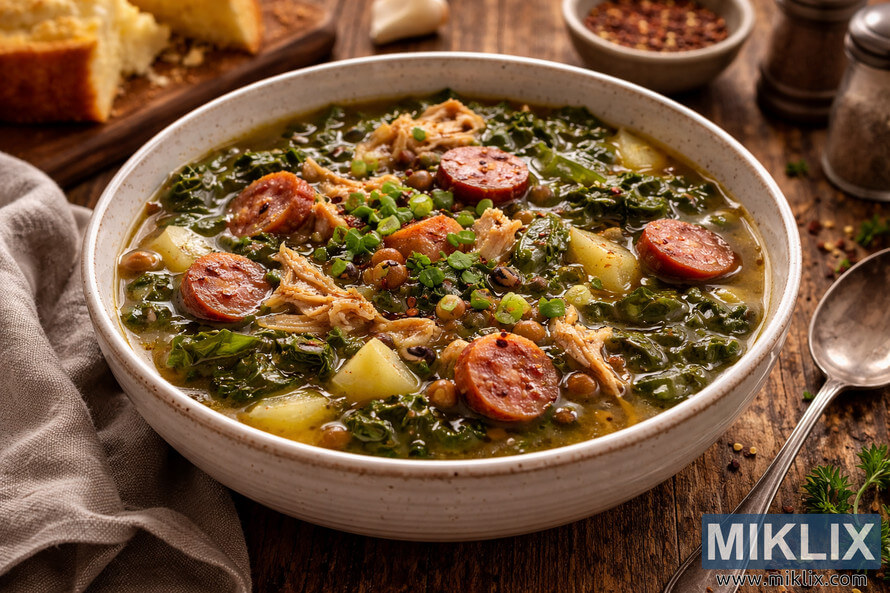A hearty bowl of turnip green soup with sausage, potatoes, beans, and shredded chicken in a golden broth, served on a rustic wooden table with cornbread and spices.