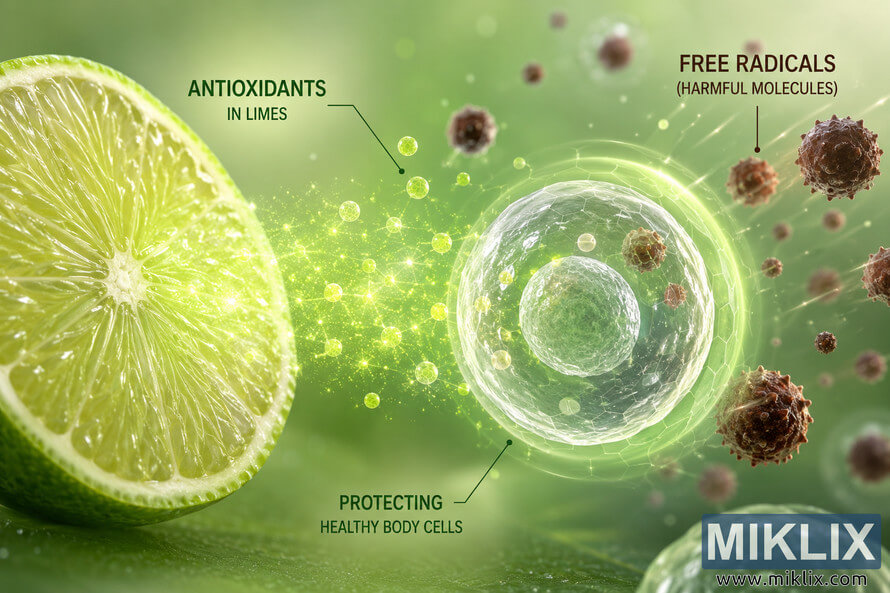 Landscape illustration showing a sliced lime releasing glowing antioxidant particles that shield healthy body cells from surrounding free radicals, symbolizing cellular protection and antioxidant activity.