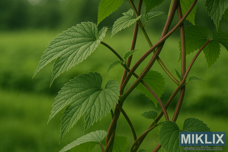 Naby-opname van Kanadese Rooiwyn-hopblare en rooierige ranke wat ineenvleg.