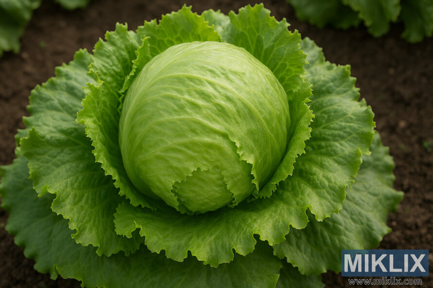 Close-up of a crisphead iceberg lettuce with tightly packed green leaves in a garden