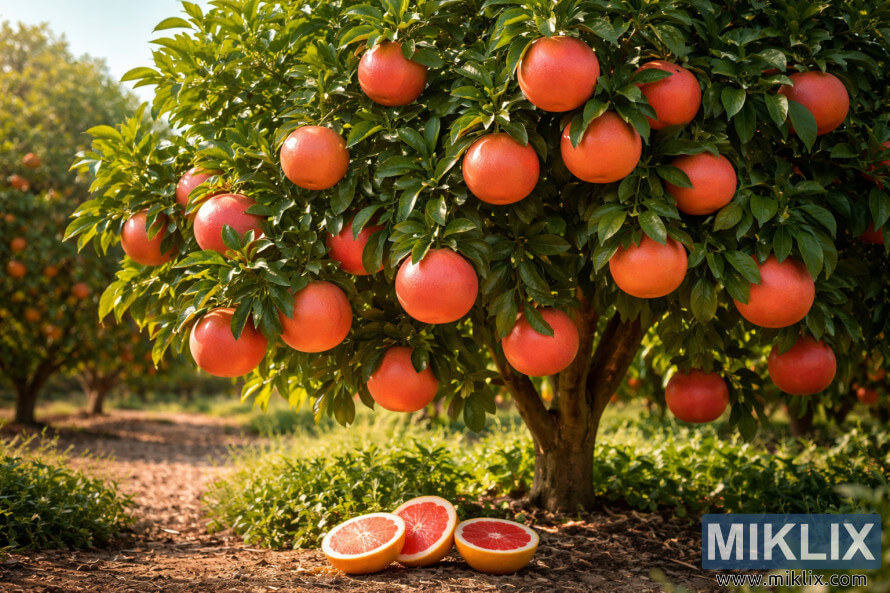 Sterrobyn-pomeloboom met ryp pienkrooi vrugte wat aan blinkgroen takke hang, met gehalveerde pomelo's wat rooi vleis op die grond onder in 'n sonnige boord wys. Sterrobyn-pomeloboom met ryp pienkrooi vrugte wat aan blinkgroen takke hang, met gehalveerde pomelo's wat rooi vleis op die grond onder in 'n sonnige boord wys.