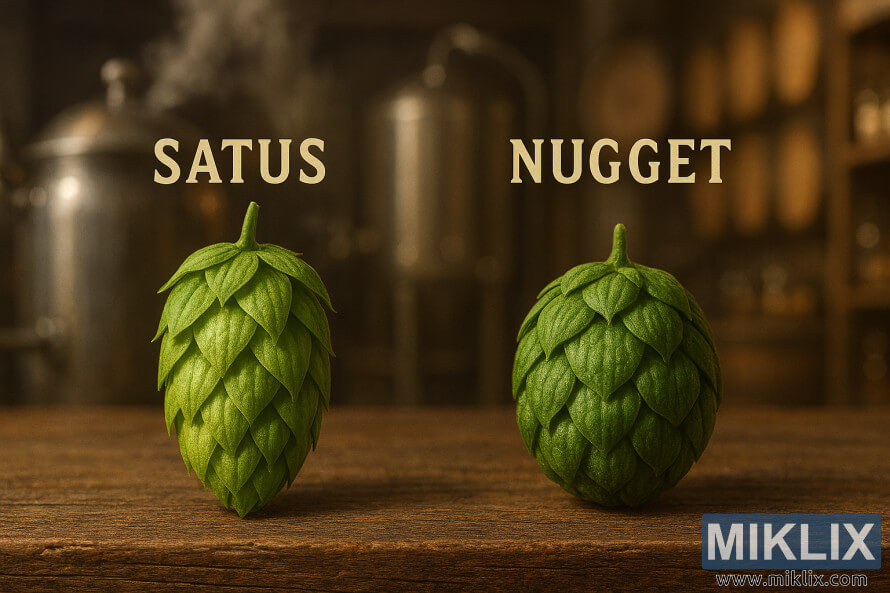 Comparaison de cônes de houblon Satus et Nugget sur une table rustique avec du matériel de brassage en arrière-plan. Comparaison de cônes de houblon Satus et Nugget sur une table rustique avec du matériel de brassage en arrière-plan.